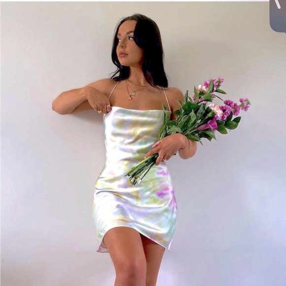 Zara Dresses & Skirts - Zara Printed Watercolor Satin Tie Dye Mini Cowl Neck Dress Cream Pink XS NWT